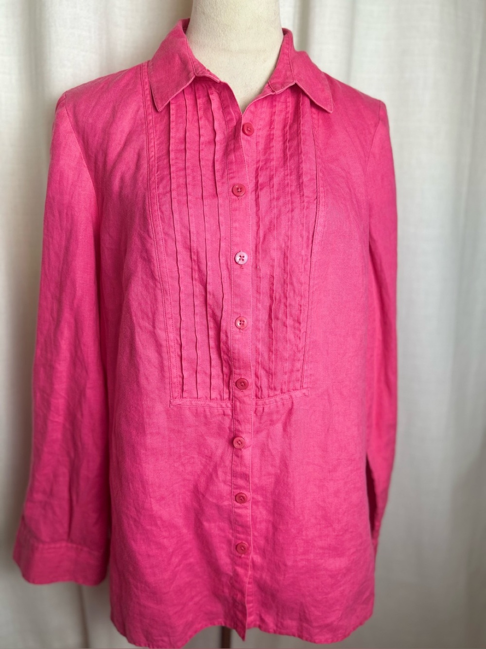 Jones New York Hot Pink Linen Pintuck Button-Down Shirt